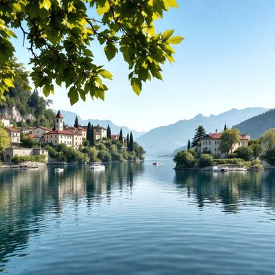Primary subject: A beautiful lake with a mountain in the background.

Setting/background: The lake is surrounded by mountains, and there are houses and trees nearby.

Visual style: The image is a photo of the serene lake and mountain landscape.

Colors and mood: The scene is dominated by shades of blue and green, creating a calm and peaceful atmosphere.